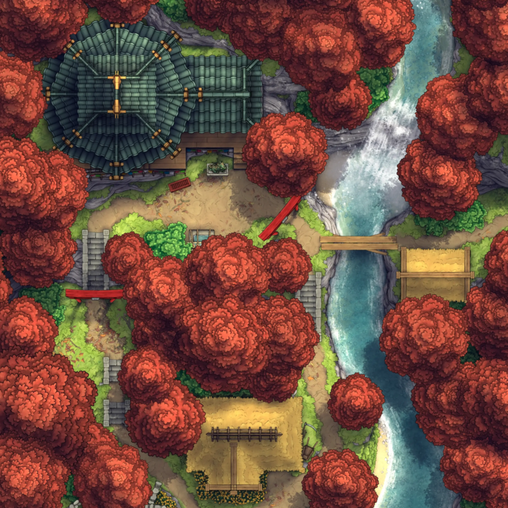 A battlemap featuring a little shrine and irregular pagoda structure dedicated to your local deity or spirit, in a Japanese mountain village, surrounded by red maples, a couple of little cottages, and a rushing waterfall, for any D&D or other tabletop RPG campaign.