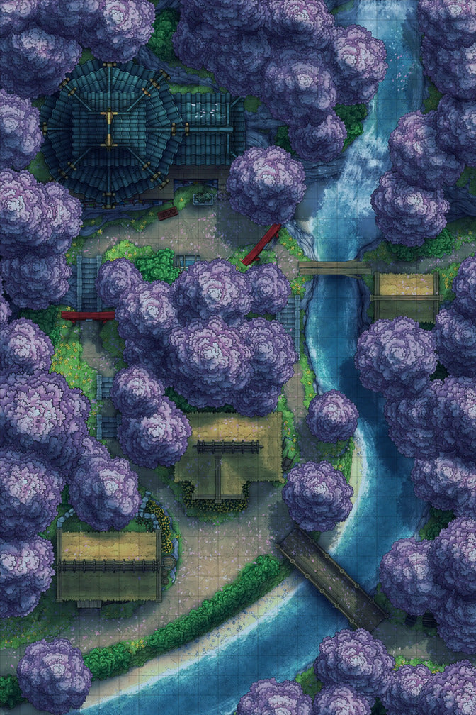 Japanese Mountain Village Temple Map Battlemap - overhead view village - Digital, Foundry VTT, Print