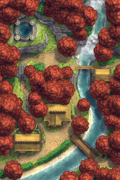 Japanese Mountain Village Temple Map Battlemap - overhead view fantasy village - Digital, Foundry VTT, Print
