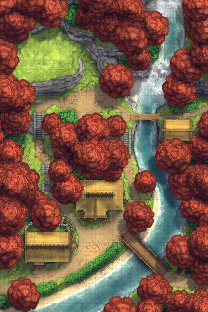 Japanese Mountain Village Temple Map Battlemap - overhead view fantasy village - Digital, Foundry VTT, Print