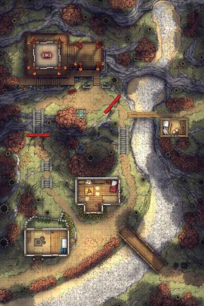 A battlemap featuring a dying Japanese mountain village, surrounded by dead maples, a couple of peasant cottages, and a dried-up waterfall, for any D&D or other tabletop RPG campaign.