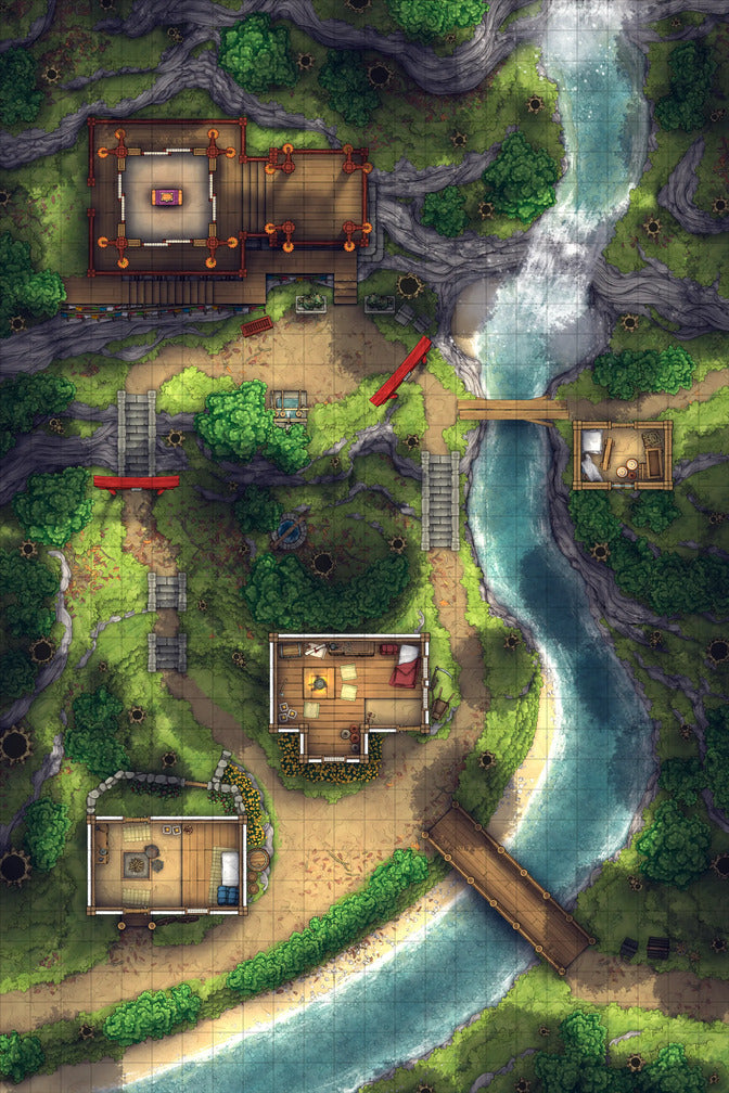 A canopy-free battlemap featuring a little shrine and irregular pagoda structure dedicated to your local deity or spirit, in a Japanese mountain village, surrounded by red maples, a couple of little cottages, and a rushing waterfall, for any D&D or other tabletop RPG campaign.