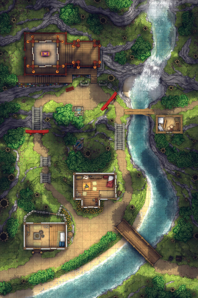 Japanese Mountain Village Temple Map Battlemap - overhead view forest village - Digital, Foundry VTT, Print