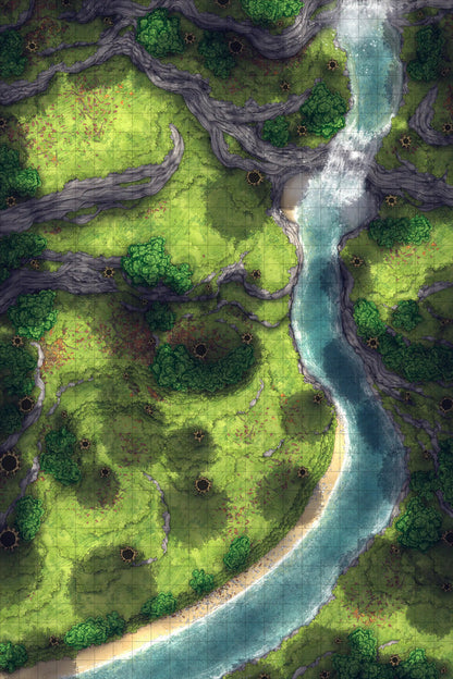 Japanese Mountain Village Temple Map Battlemap - overhead view forest river - Digital, Foundry VTT, Print