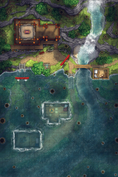Japanese Mountain Village Temple Map Battlemap - overhead view lakeside settlement - Digital, Foundry VTT, Print