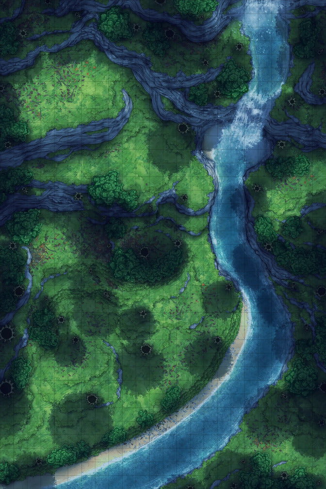 Japanese Mountain Village Temple Map Battlemap - overhead view river forest - Digital, Foundry VTT, Print