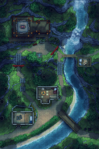 Japanese Mountain Village Temple Map Battlemap - riverside village map - Digital, Foundry VTT, Print