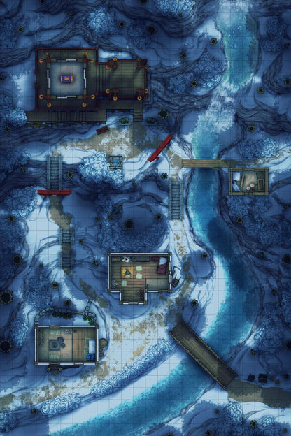 Japanese Mountain Village Temple Map Battlemap - snowy village map - Digital, Foundry VTT, Print