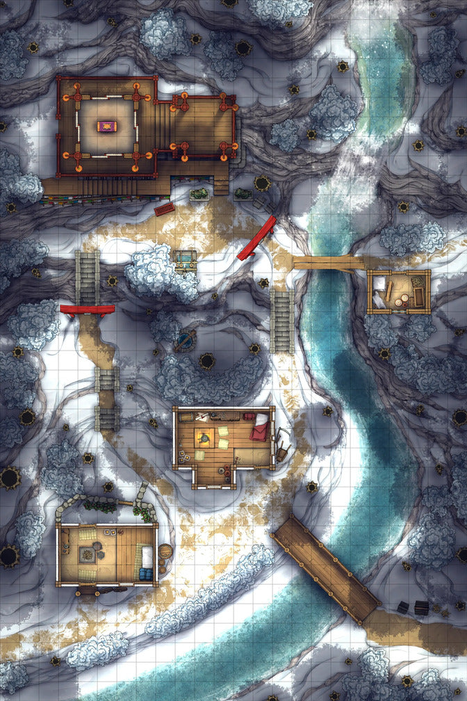 Japanese Mountain Village Temple Map Battlemap - snowy mountain village - Digital, Foundry VTT, Print
