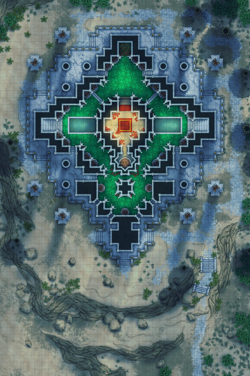 Minotaur Stupa / Bull Temple Battlemap - elaborate cross-shaped temple complex - Digital, Foundry VTT, Print