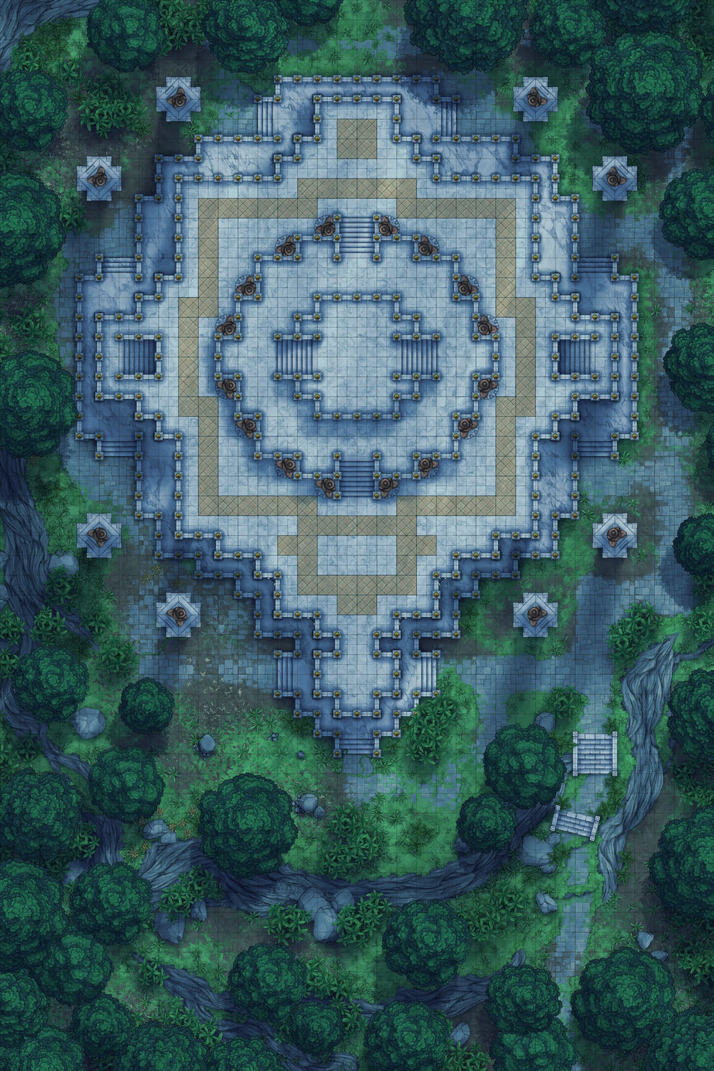 Minotaur Stupa / Bull Temple Battlemap - overhead view stone temple - Digital, Foundry VTT, Print