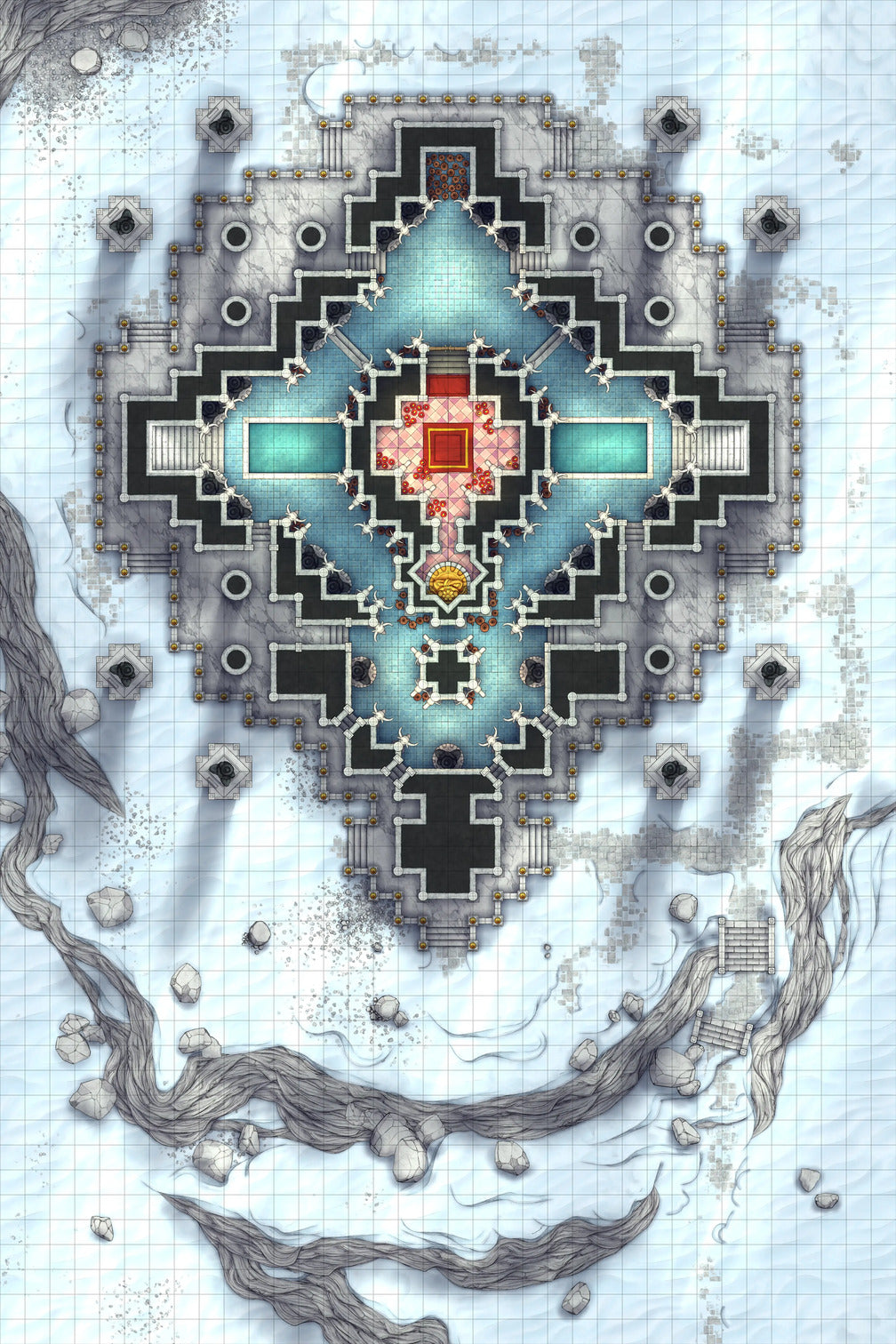 Minotaur Stupa / Bull Temple Battlemap - snowy temple battle map - Digital, Foundry VTT, Print