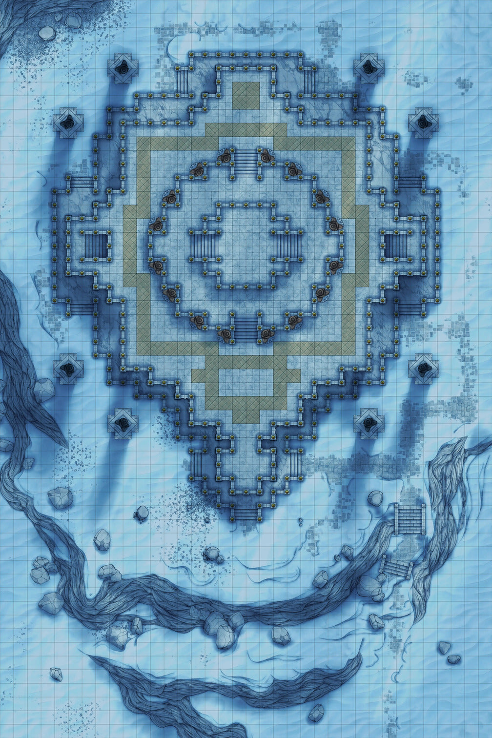 Minotaur Stupa / Bull Temple Battlemap - snowy temple ruins - Digital, Foundry VTT, Print