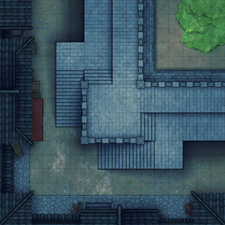 Modular Asian City Walls Tileset Battlemap - gray stone staircase green moss - Digital, Foundry VTT, Print