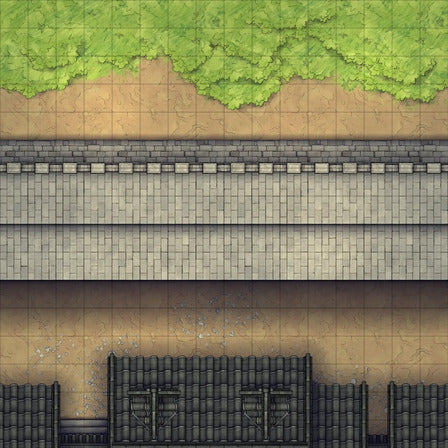 Modular Asian City Walls Tileset Battlemap - gray stone wall green moss - Digital, Foundry VTT, Print