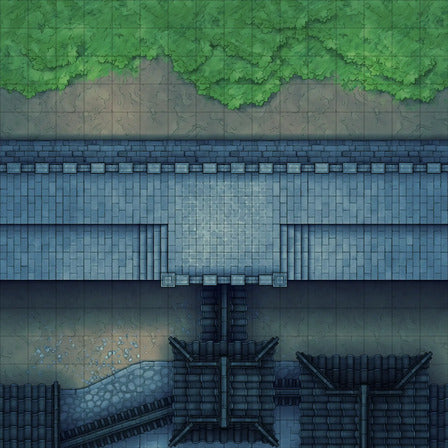 Modular Asian City Walls Tileset Battlemap - stone bridge green foliage gray - Digital, Foundry VTT, Print
