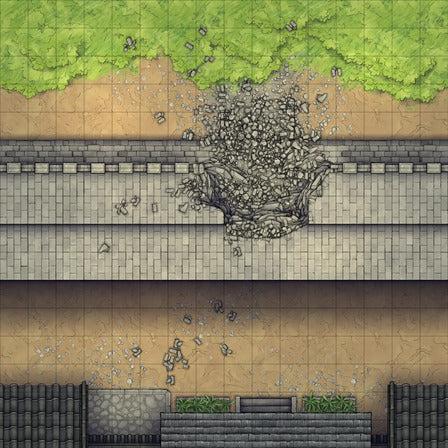 Modular Asian City Walls Tileset Battlemap - stone wall green moss cracks - Digital, Foundry VTT, Print