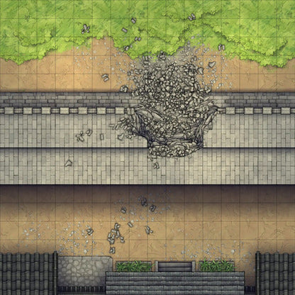 Modular Asian City Walls Tileset Battlemap - stone wall green moss cracks - Digital, Foundry VTT, Print