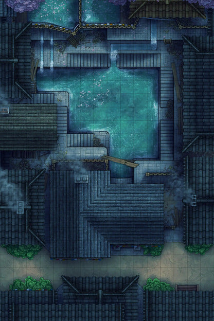 Modular Japanese Alleys & Streets Tileset Battlemap - dark tiered water feature - Digital, Foundry VTT, Print