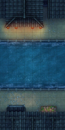 Modular Japanese Alleys & Streets Tileset Battlemap - overhead view canal - Digital, Foundry VTT, Print
