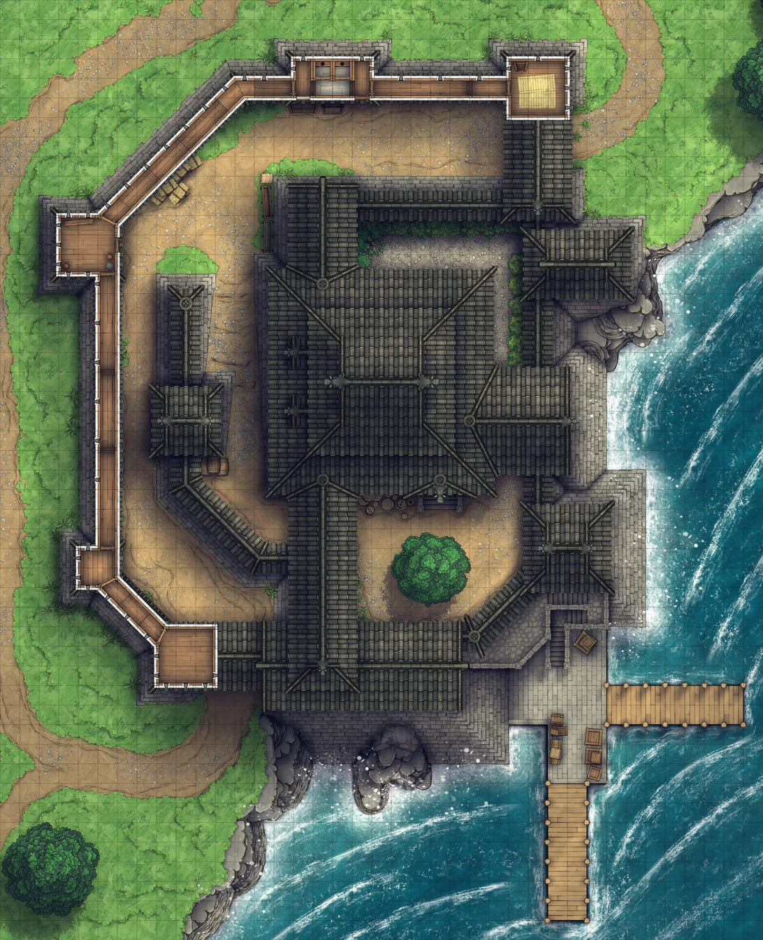 Modular Japanese Castle Interiors Battlemap - coastal fortress map - Digital, Foundry VTT, Print