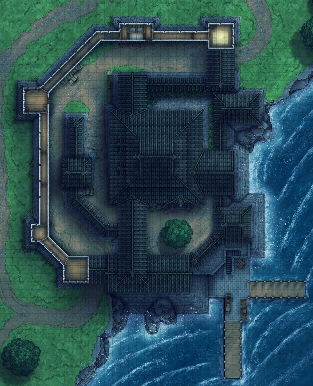 Modular Japanese Castle Interiors Battlemap - dark walled fortress water - Digital, Foundry VTT, Print