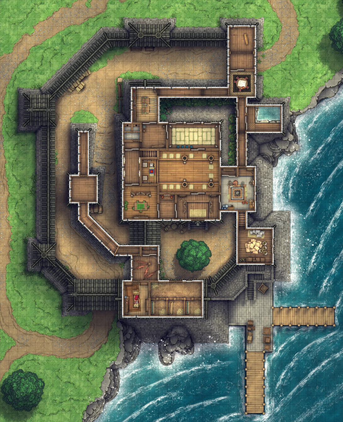 Modular Japanese Castle Interiors Battlemap - detailed coastal manor map - Digital, Foundry VTT, Print