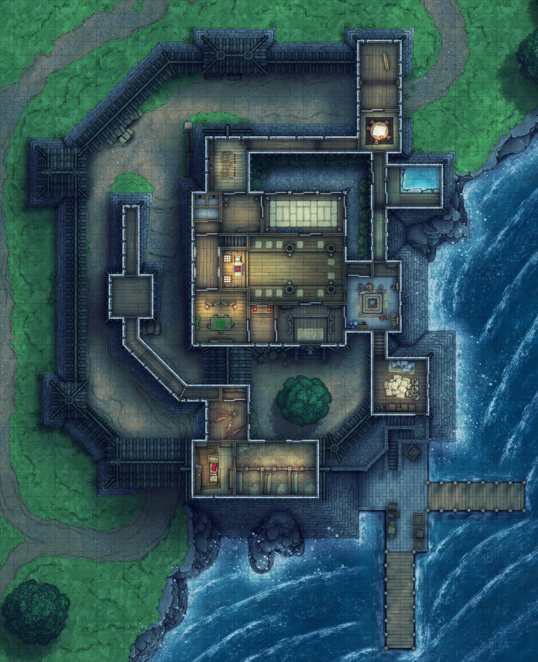 Modular Japanese Castle Interiors Battlemap - detailed coastal manor map - Digital, Foundry VTT, Print