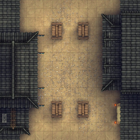 Modular Japanese City Streets Tileset Battlemap - overhead view courtyard wooden crates - Digital, Foundry VTT, Print