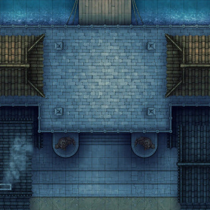 Modular Japanese City Streets Tileset Battlemap - overhead view blue brick rooftop - Digital, Foundry VTT, Print