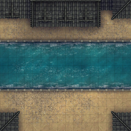 Modular Japanese City Streets Tileset Battlemap - overhead view canal - Digital, Foundry VTT, Print