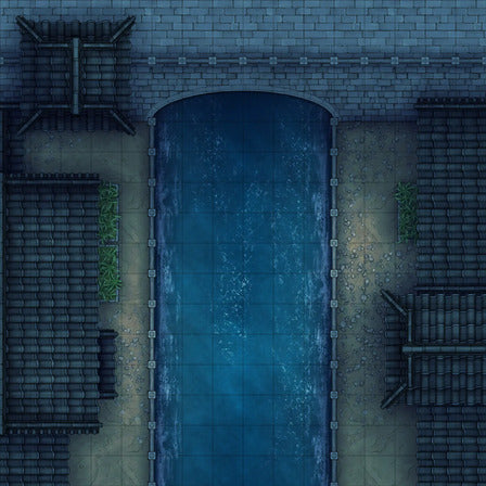Modular Japanese City Streets Tileset Battlemap - overhead view canal - Digital, Foundry VTT, Print