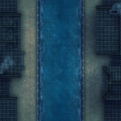 Modular Japanese City Streets Tileset Battlemap - overhead view canal city - Digital, Foundry VTT, Print
