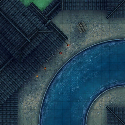 Modular Japanese City Streets Tileset Battlemap - overhead view curved waterway - Digital, Foundry VTT, Print