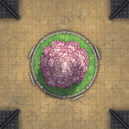 Modular Japanese City Streets Tileset Battlemap - overhead view pink-blossomed tree - Digital, Foundry VTT, Print