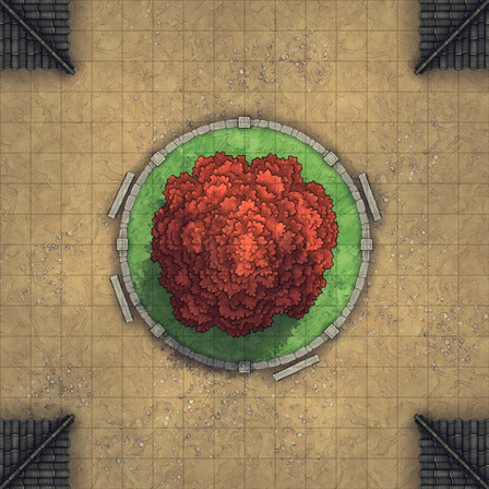 Modular Japanese City Streets Tileset Battlemap - overhead view red tree - Digital, Foundry VTT, Print
