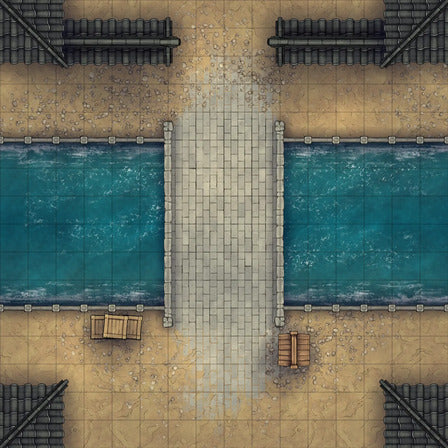 Modular Japanese City Streets Tileset Battlemap - overhead view stone bridge water - Digital, Foundry VTT, Print