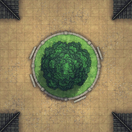 Modular Japanese City Streets Tileset Battlemap - overhead view tree circular garden - Digital, Foundry VTT, Print