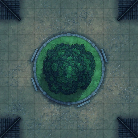 Modular Japanese City Streets Tileset Battlemap - overhead view tree stone-lined circle - Digital, Foundry VTT, Print