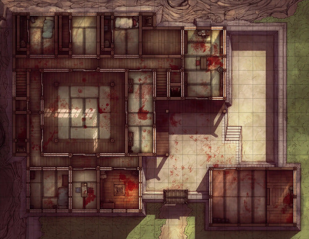 Modular Ninja Dojo & Japanese Room Tileset Battlemap - blood-splattered floor plan - Digital, Foundry VTT, Print