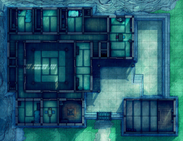 Modular Ninja Dojo & Japanese Room Tileset Battlemap - blue-toned floorplan - Digital, Foundry VTT, Print