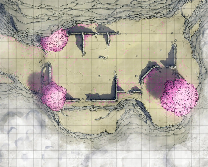 Mountain Monk Monastery Battlemap - ruined stone structure pink trees - Digital, Foundry VTT, Print