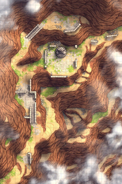 Mountain Pass Ruins Battlemap - brown tree trunk wall art - Digital, Foundry VTT, Print