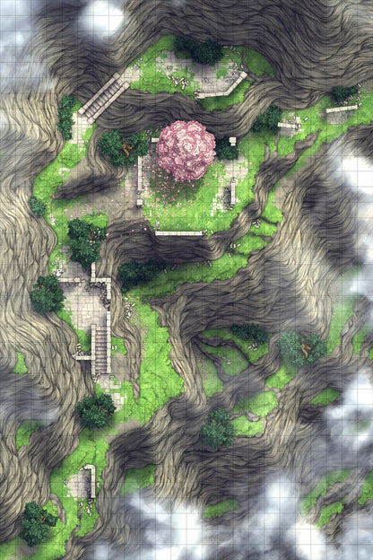 Mountain Pass Ruins Battlemap - cherry blossom tree pink petals - Digital, Foundry VTT, Print