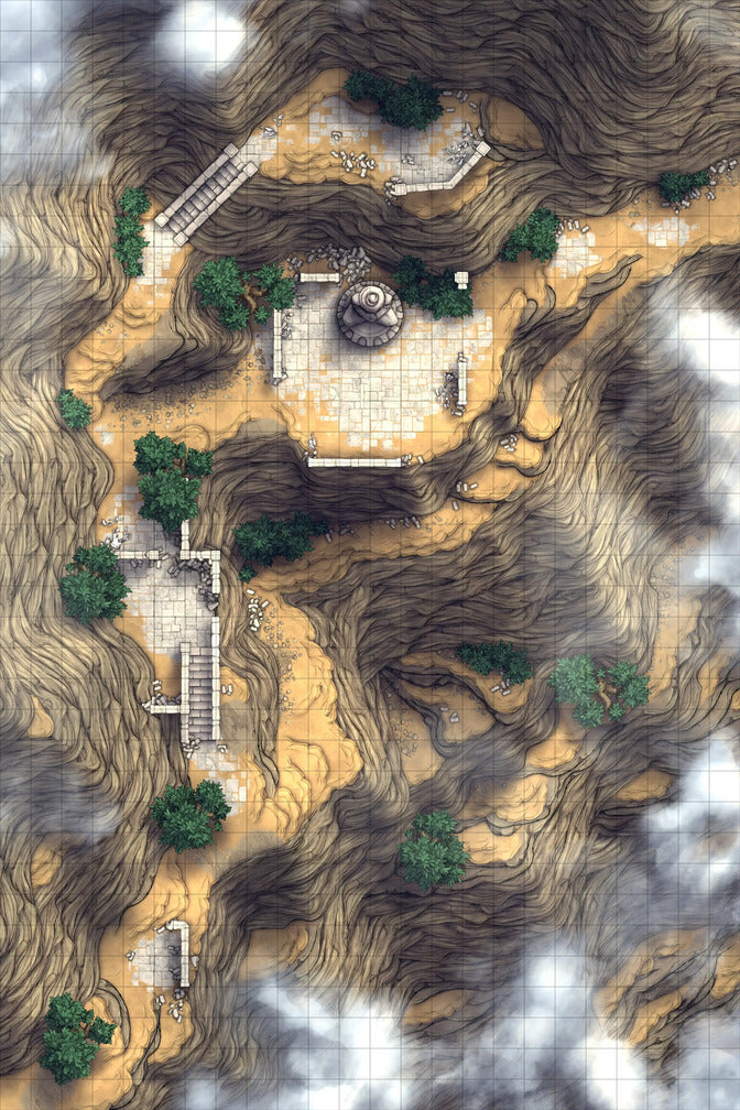 Mountain Pass Ruins Battlemap - golden spiral staircase stone steps - Digital, Foundry VTT, Print