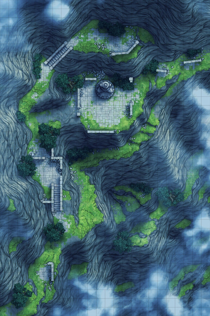Mountain Pass Ruins Battlemap - green moss-covered stone bridge circular - Digital, Foundry VTT, Print
