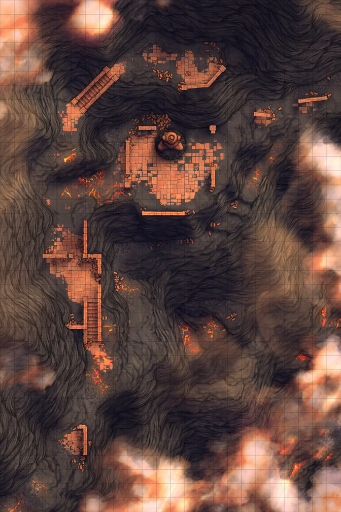 Mountain Pass Ruins Battlemap - pixelated lava-themed video game map - Digital, Foundry VTT, Print