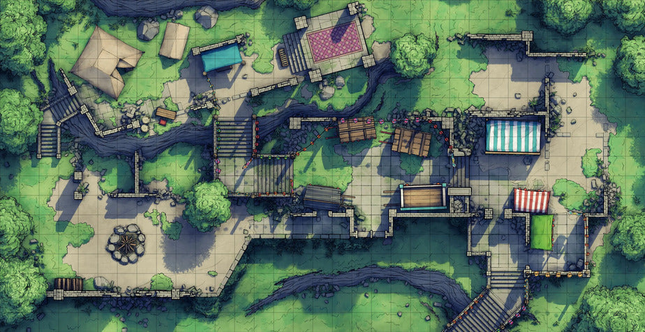 Old Mountain Ruins Battlemap - overhead view fantasy village - Digital, Foundry VTT, Print