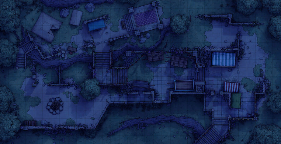 Old Mountain Ruins Battlemap - overhead view nighttime village - Digital, Foundry VTT, Print