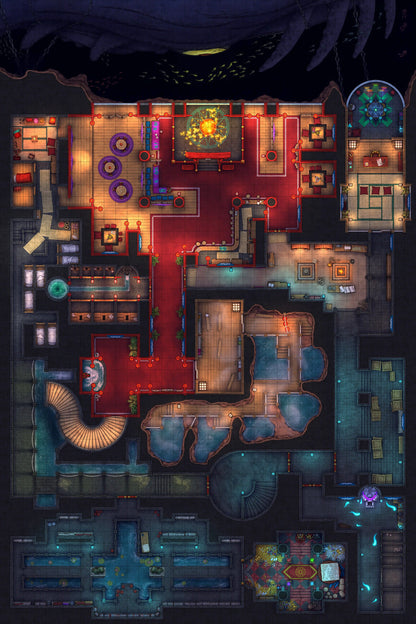 Oni Pleasure Palace Bundle Battlemap - red carpeted ballroom ornate chandelier - Digital, Foundry VTT, Print